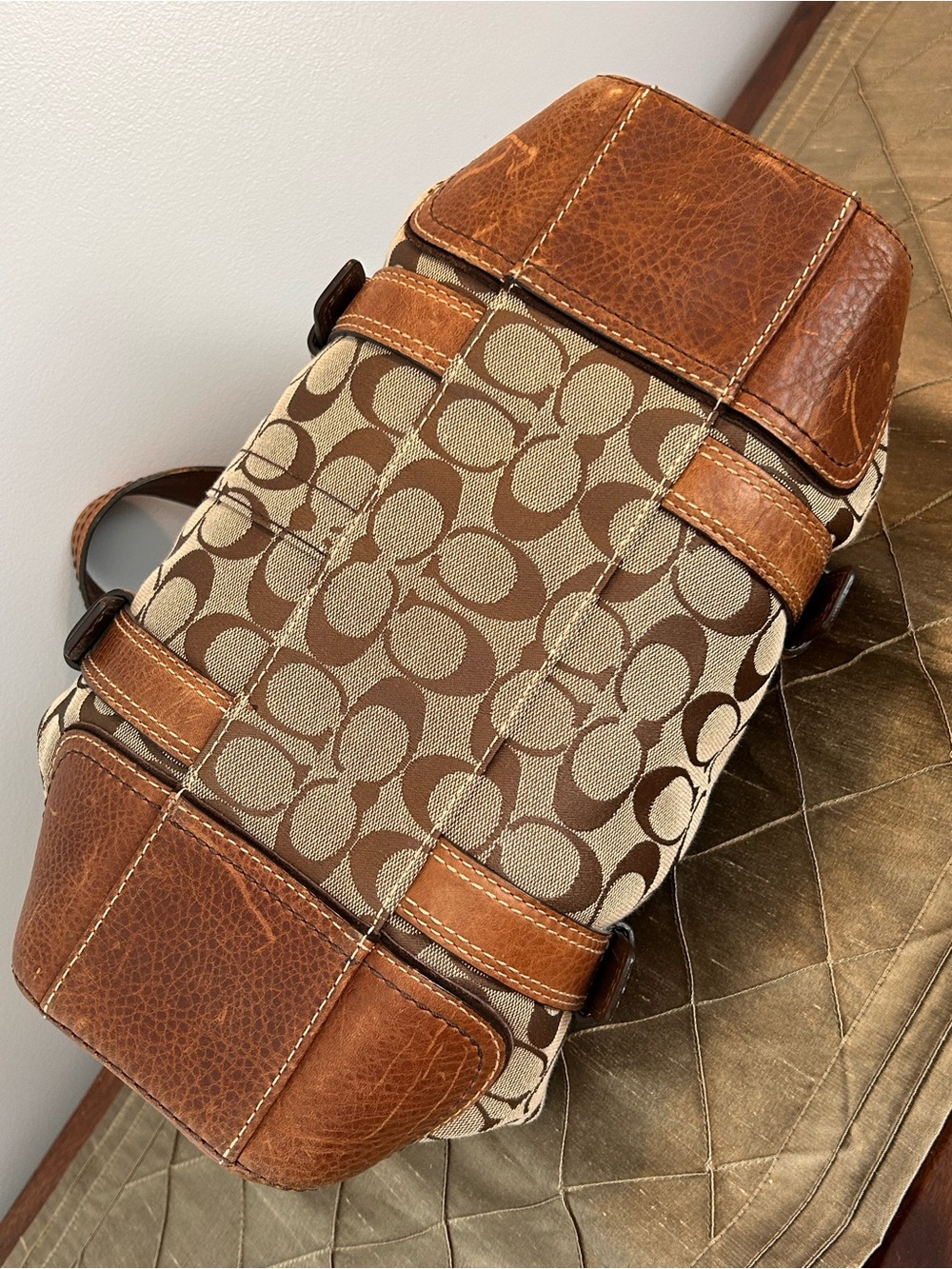 VTG Y2K Coach Chelsea Signature Turnlock Shoulder Bag Tan Leather Trim 10986 - Picture 7 of 11